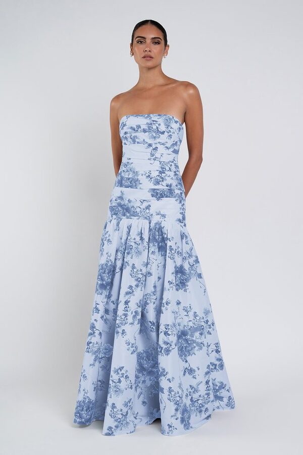 Peony Garden Whisper Multi Sarah Print Bridesmaid Dress by Jenny Yoo — Front View peony garden whisper multi Sarah Print bridesmaid dress by Jenny Yoo, printed taffeta gown, front view