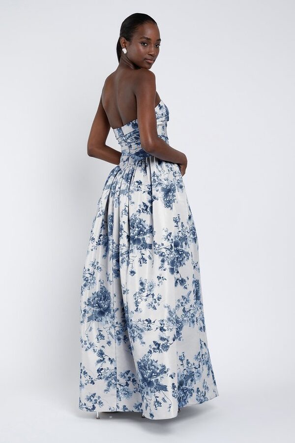 Peony Garden Blue Multi Scarlet Print Bridesmaid Dress by Jenny Yoo — Back View peony garden blue multi Scarlet Print bridesmaid dress by Jenny Yoo, light taffeta gown, back view