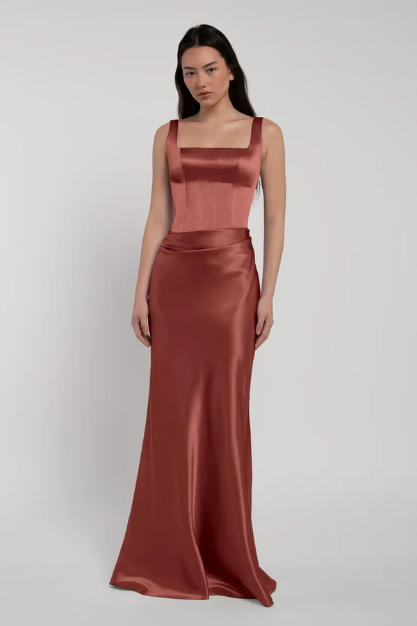 Amina English Rose Bridesmaid Dress by Jenny Yoo — side Amina bridesmaid dress by Jenny Yoo in English Rose, satin-back crepe, side view