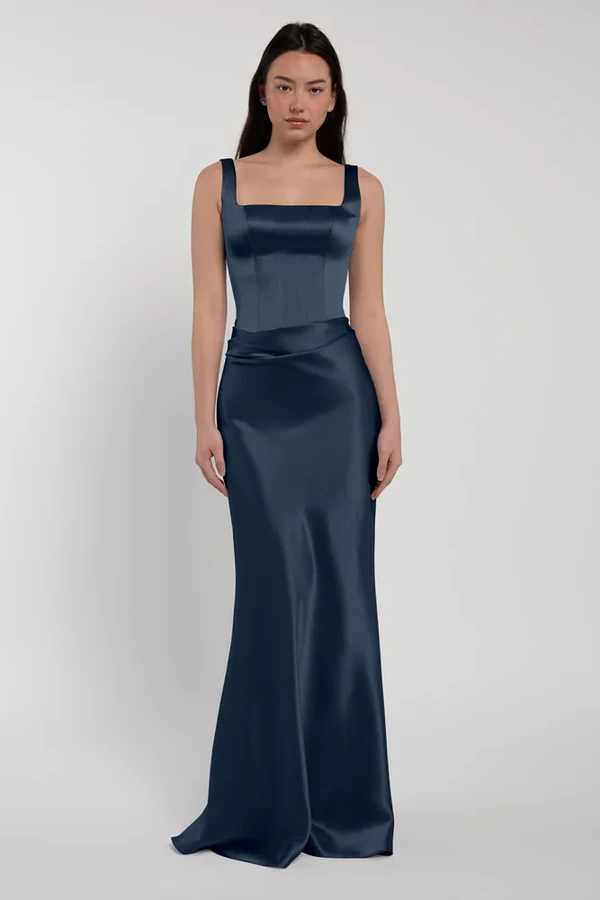 Amina French Blue Bridesmaid Dress by Jenny Yoo — front Amina bridesmaid dress by Jenny Yoo in French Blue, satin-back crepe, front view