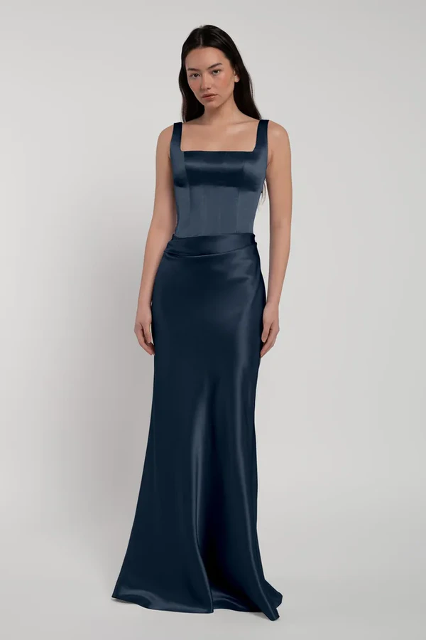 Amina French Blue Bridesmaid Dress by Jenny Yoo — side Amina bridesmaid dress by Jenny Yoo in French Blue, satin-back crepe, side view