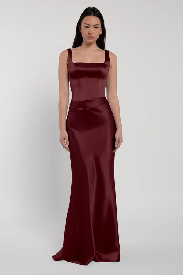 Amina Hibiscus Bridesmaid Dress by Jenny Yoo — front Amina bridesmaid dress by Jenny Yoo in Hibiscus, satin-back crepe, front view