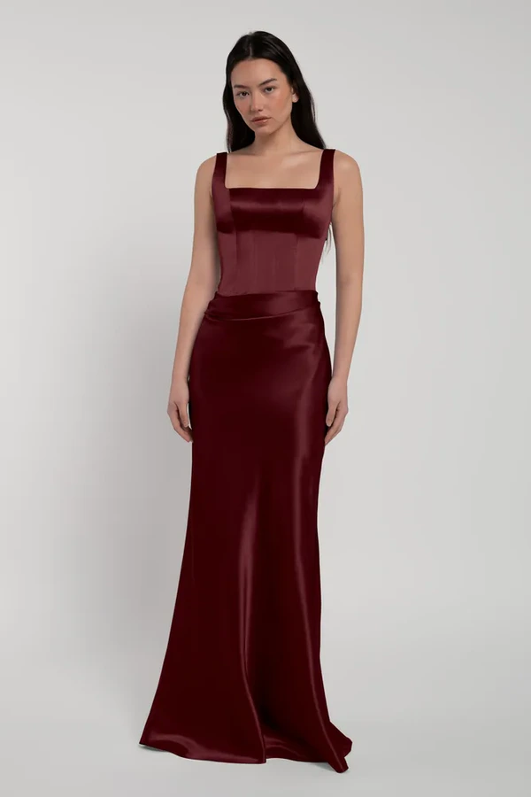 Amina Hibiscus Bridesmaid Dress by Jenny Yoo — side Amina bridesmaid dress by Jenny Yoo in Hibiscus, satin-back crepe, side view