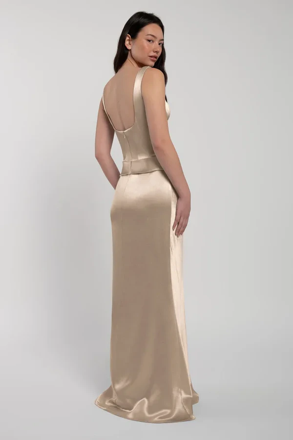 Amina Pale Gold Bridesmaid Dress by Jenny Yoo — back Amina bridesmaid dress by Jenny Yoo in Pale Gold, satin-back crepe, back view