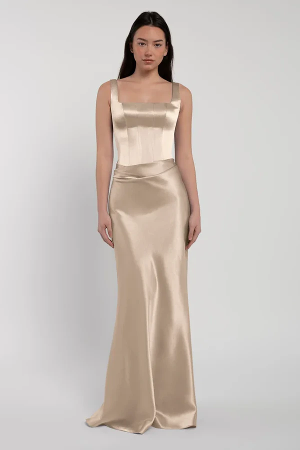 Amina Pale Gold Bridesmaid Dress by Jenny Yoo — front Amina bridesmaid dress by Jenny Yoo in Pale Gold, satin-back crepe, front view