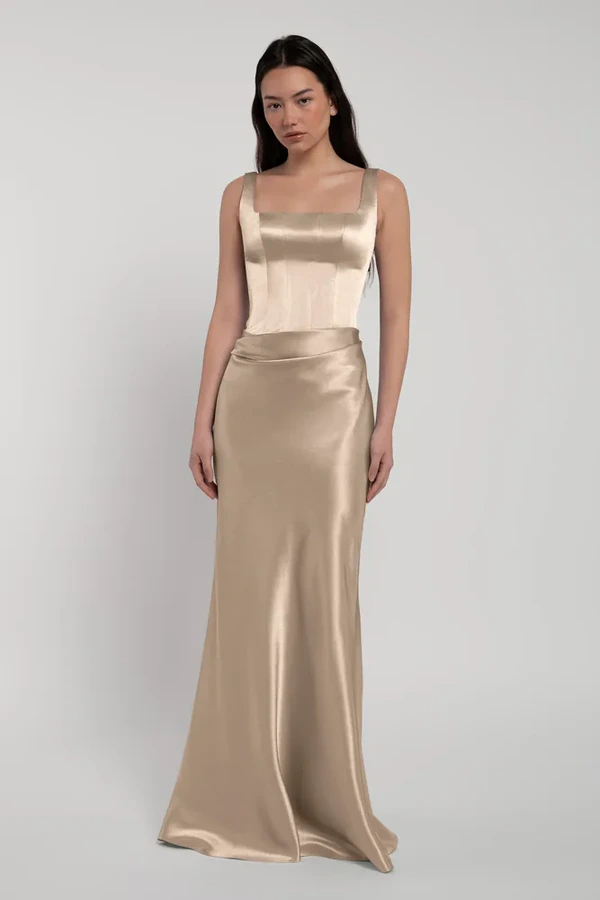 Amina Pale Gold Bridesmaid Dress by Jenny Yoo — side Amina bridesmaid dress by Jenny Yoo in Pale Gold, satin-back crepe, side view