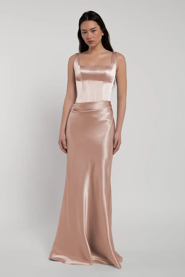Amina Whipped Apricot Bridesmaid Dress by Jenny Yoo — side Amina bridesmaid dress by Jenny Yoo in Whipped Apricot, satin-back crepe, side view