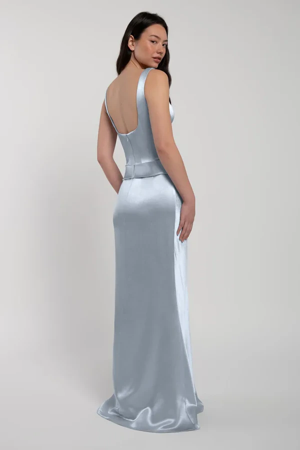 Amina Whisper Blue Bridesmaid Dress by Jenny Yoo — back Amina bridesmaid dress by Jenny Yoo in Whisper Blue, satin-back crepe, back view