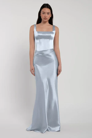 Amina bridesmaid dress by Jenny Yoo in Whisper Blue, satin-back crepe, front view