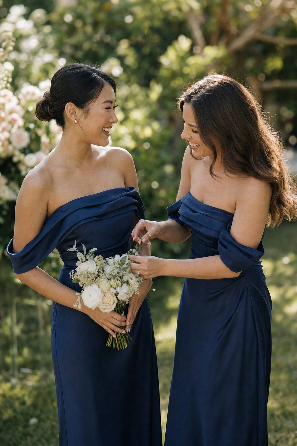 Two bridesmaids in navy off-shoulder dresses holding a white bouquet at an outdoor garden wedding