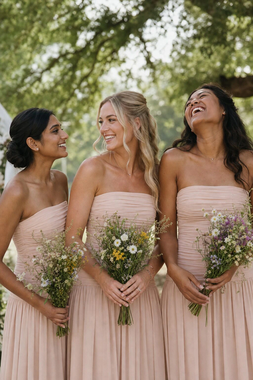Three bridesmaids in blush pink chiffon dresses holding wildflower bouquets at a sunlit summer garden wedding