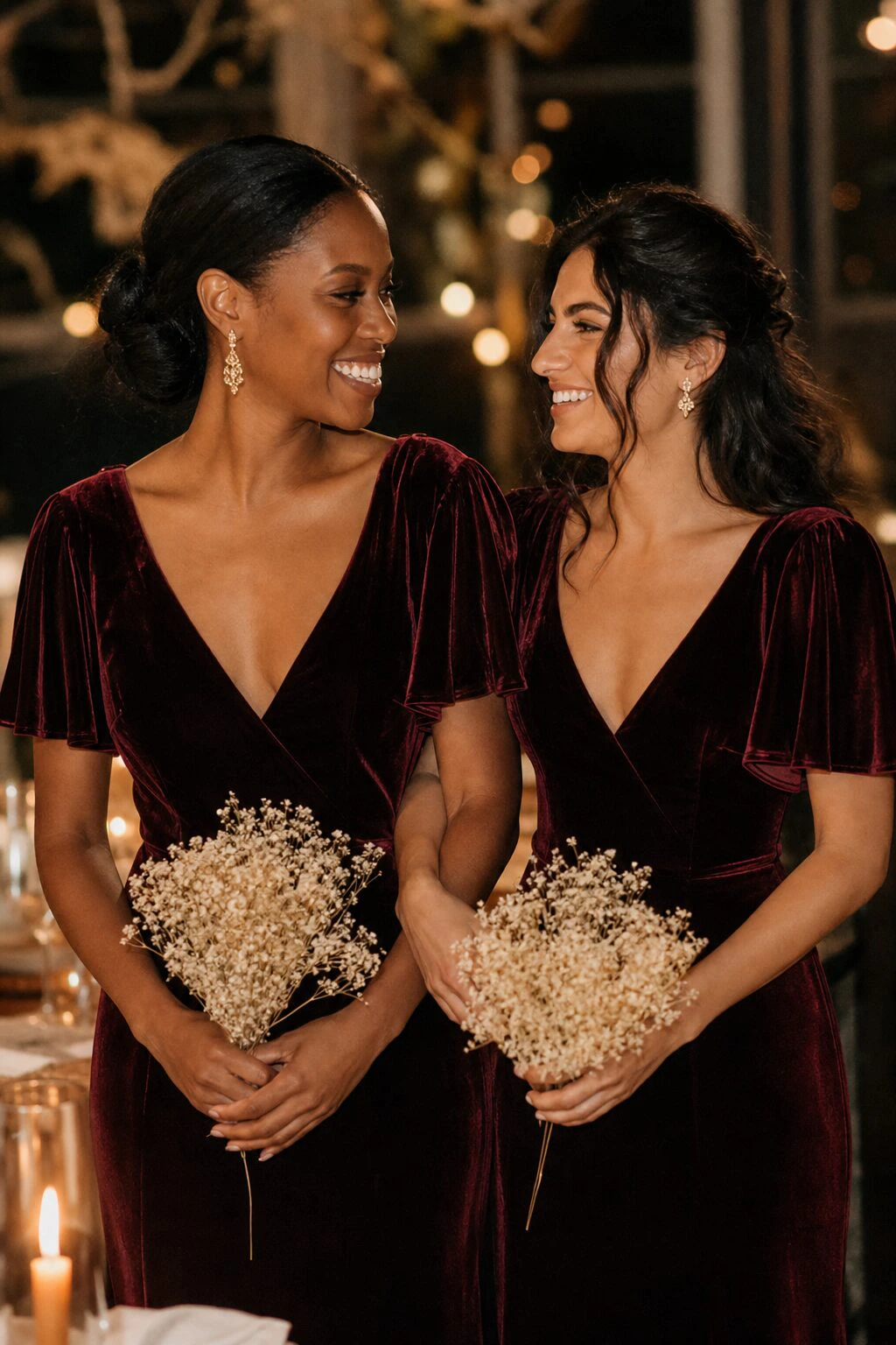 Two bridesmaids in deep merlot velvet dresses at a candlelit winter wedding reception
