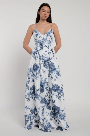 Leni blue peony garden print bridesmaid dress by Jenny Yoo, sweetheart neckline, front view