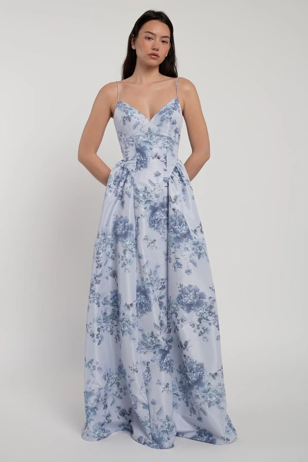 Leni Peony Garden Whisper Multi Bridesmaid Dress by Jenny Yoo — front Leni whisper blue peony garden print bridesmaid dress by Jenny Yoo, front view