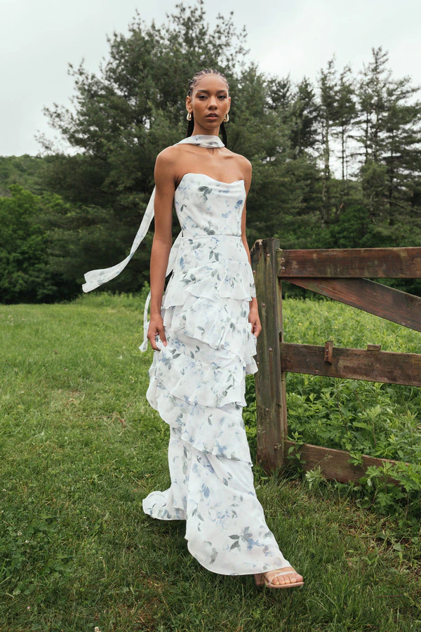 Simona Print Desert Blooms Blue Multi bridesmaid dress by Jenny Yoo — styled with neck scarf Simona Print Desert Blooms Blue Multi bridesmaid dress by Jenny Yoo — styled with neck scarf