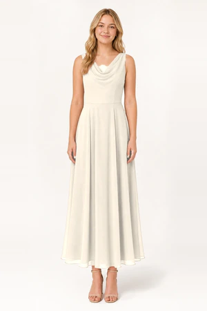 Athena junior bridesmaid dress in ivory chiffon, full length front