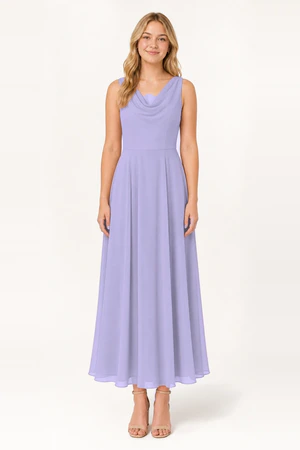 Athena junior bridesmaid dress in lilac mist chiffon, full length front