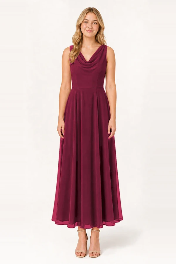 Athena Junior Bridesmaid Dress TH&TH Merlot Front Athena junior bridesmaid dress in merlot burgundy chiffon, full length front