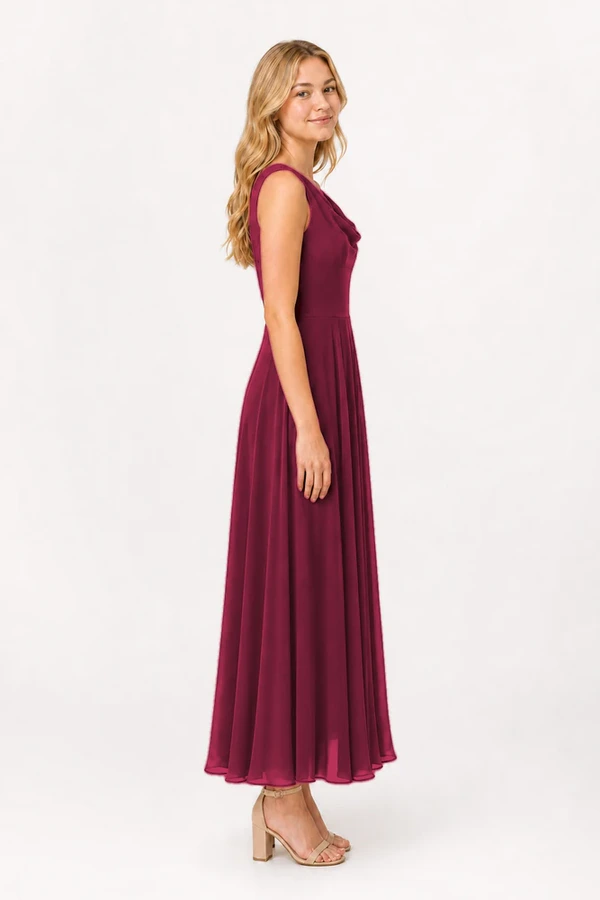 Athena Junior Bridesmaid Dress TH&TH Merlot Side Athena junior bridesmaid dress in merlot burgundy chiffon, side