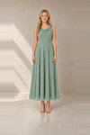 Sage Green Athena junior bridesmaid dress by TH&TH, front view