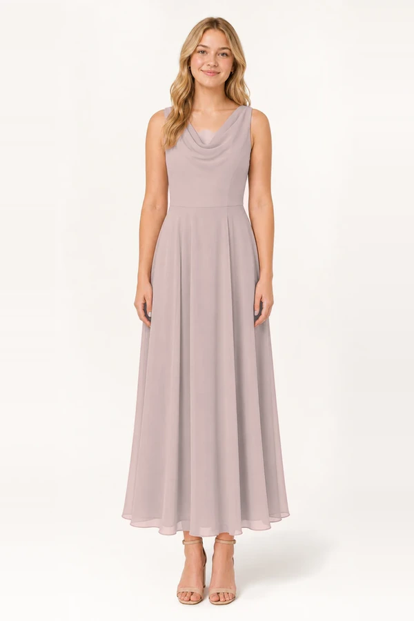 Athena Junior Bridesmaid Dress TH&TH Smoked Blush Front Athena junior bridesmaid dress in smoked blush chiffon, full length front