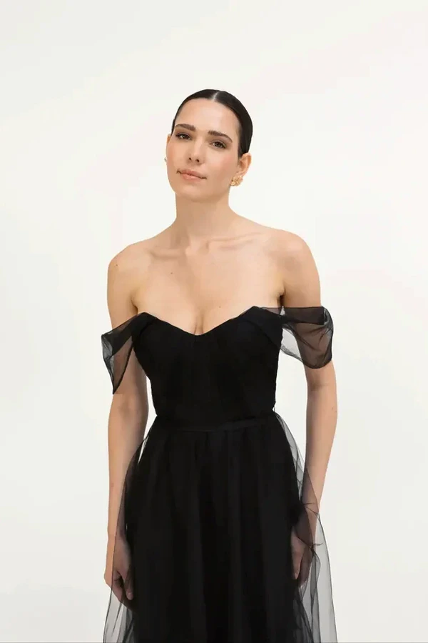 Bardot Black Bridesmaid Dress by TH&TH - detail Bardot Black Bridesmaid Dress by TH&TH - detail