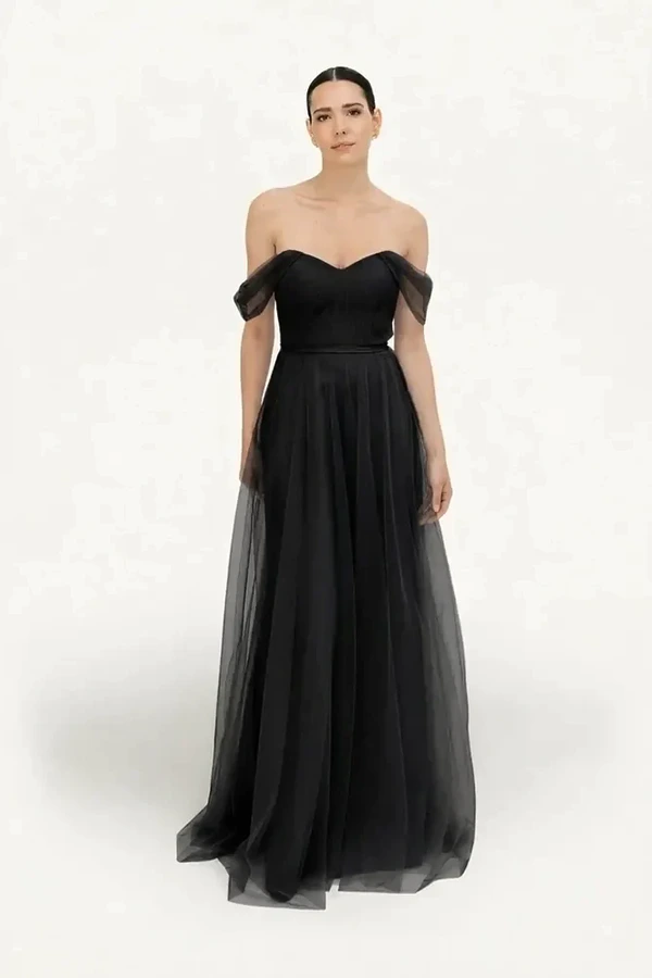 Bardot Black Bridesmaid Dress by TH&TH - front Bardot Black Bridesmaid Dress by TH&TH - front