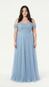 Bardot Dusty Blue Blue bridesmaid dress by TH&TH, curve model front view