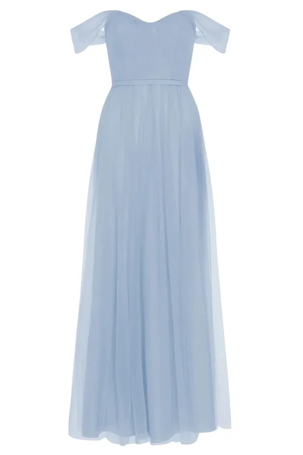 Bardot Dusty Blue Bridesmaid Dress by TH&TH - Design Detail Bardot Dusty Blue Blue bridesmaid dress by TH&TH, design detail