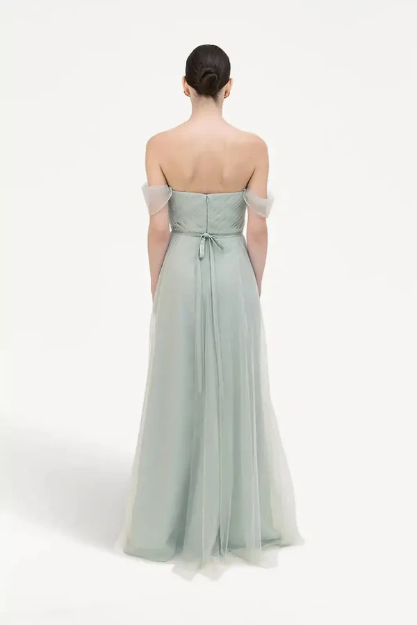 Bardot Dusty Eucalyptus Bridesmaid Dress by TH&TH - Back View Bardot Dusty Eucalyptus Green bridesmaid dress by TH&TH, back view