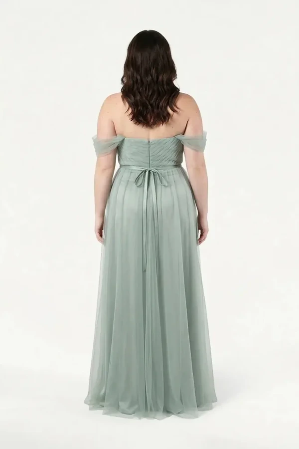 Bardot Dusty Eucalyptus Bridesmaid Dress by TH&TH - Curve Model Back View Bardot Dusty Eucalyptus Green bridesmaid dress by TH&TH, curve model back view