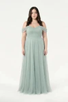 Bardot Dusty Eucalyptus Green bridesmaid dress by TH&TH, curve model front view