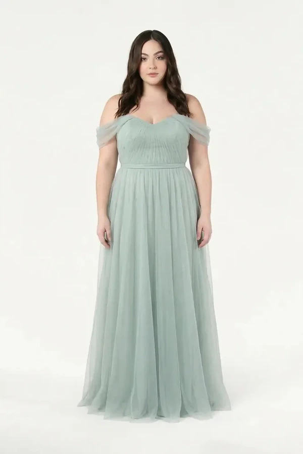 Bardot Dusty Eucalyptus Bridesmaid Dress by TH&TH - Curve Model Front View Bardot Dusty Eucalyptus Green bridesmaid dress by TH&TH, curve model front view