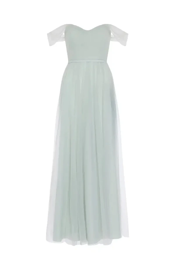 Bardot Dusty Eucalyptus Bridesmaid Dress by TH&TH - Design Detail Bardot Dusty Eucalyptus Green bridesmaid dress by TH&TH, design detail