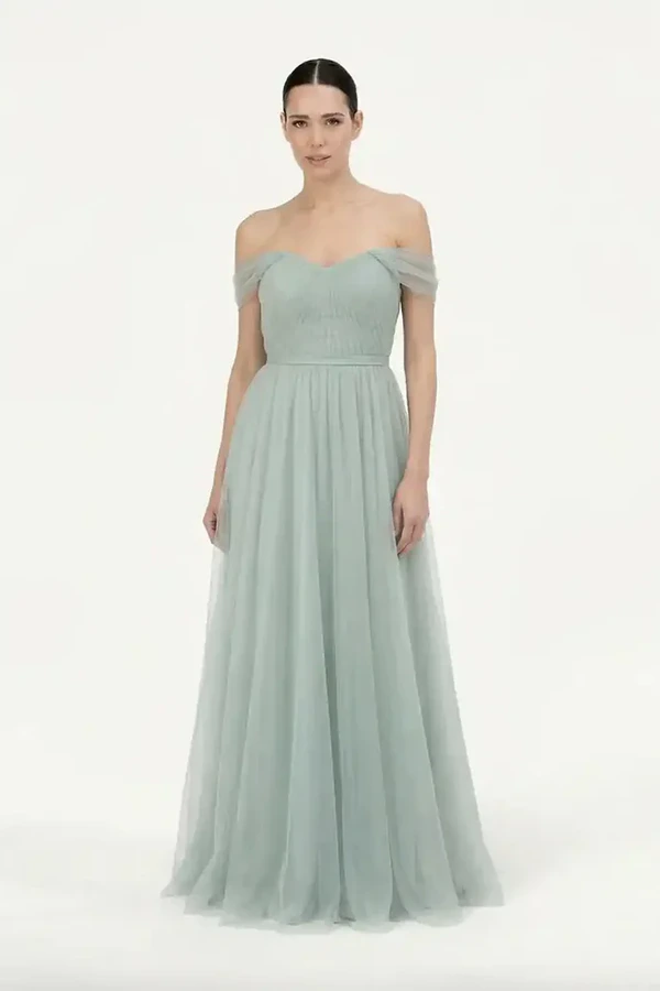 Bardot Dusty Eucalyptus Bridesmaid Dress by TH&TH - Front View Bardot Dusty Eucalyptus Green bridesmaid dress by TH&TH, front view