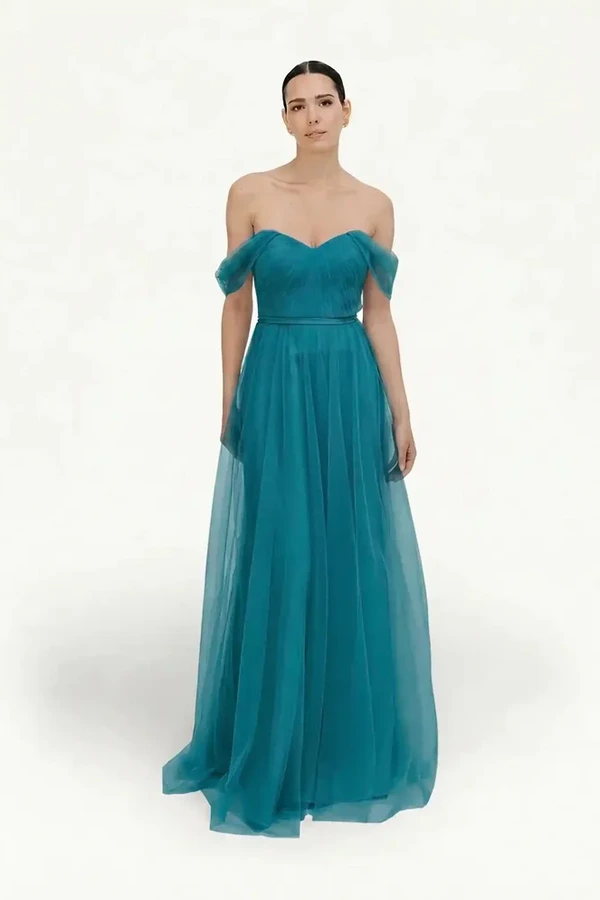 Bardot Emerald Dawn Bridesmaid Dress by TH&TH - Front View Bardot Emerald Dawn Green bridesmaid dress by TH&TH, front view