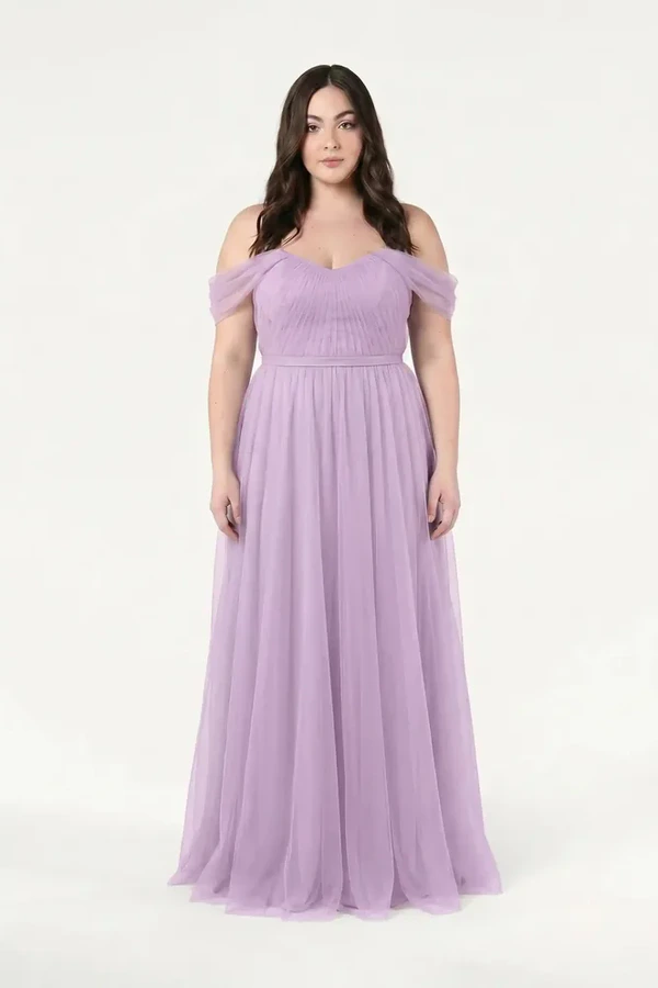 Bardot Lilac Mist Bridesmaid Dress by TH&TH - Curve Model Front View Bardot Lilac Mist Purple bridesmaid dress by TH&TH, curve model front view