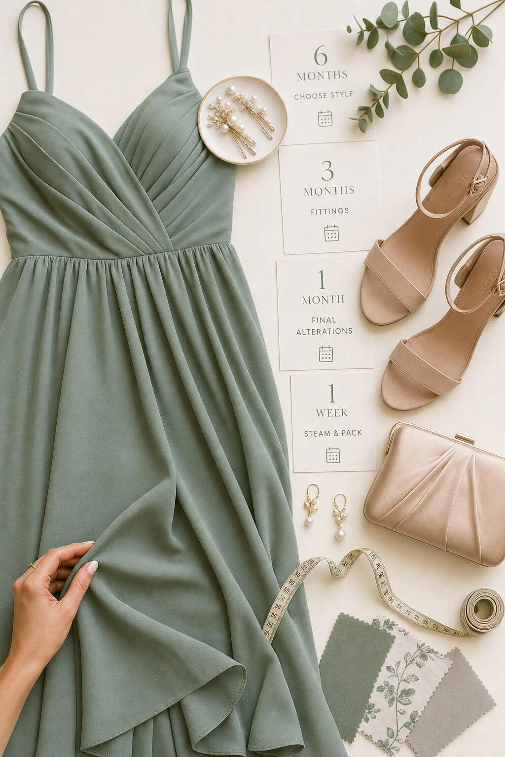 Close-up of bridesmaid dress fabric with matching accessories