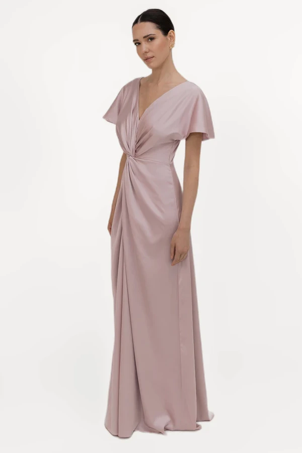 Camilla Short Sleeve Smoked Blush Pink Bridesmaid Dress By TH&TH Front Camilla Short Sleeve Smoked Blush Pink Bridesmaid Dress By TH&TH Front