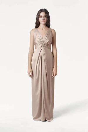 Carmen Champagne Sky neutral bridesmaid dress by TH&TH, front view