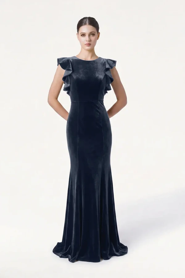 Cecelia Velvet Blue Bridesmaid Dress by TH&TH – Front Cecelia Velvet Blue Bridesmaid Dress by TH&TH – Front