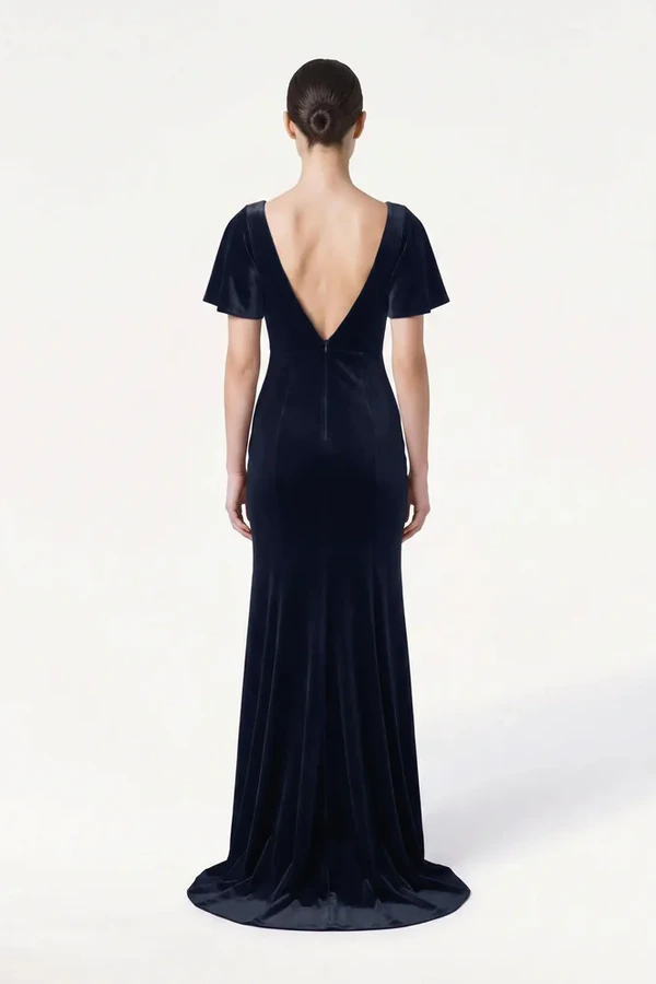 Celeste Velvet Blue Bridesmaid Dress by TH&TH – Back Celeste Velvet Blue Bridesmaid Dress by TH&TH – Back
