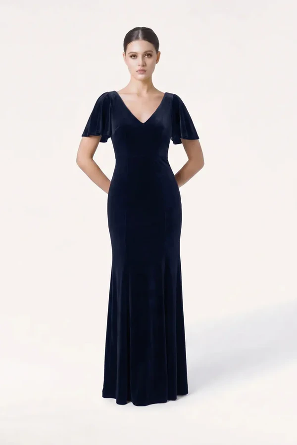 Celeste Velvet Blue Bridesmaid Dress by TH&TH – Front Celeste Velvet Blue Bridesmaid Dress by TH&TH – Front