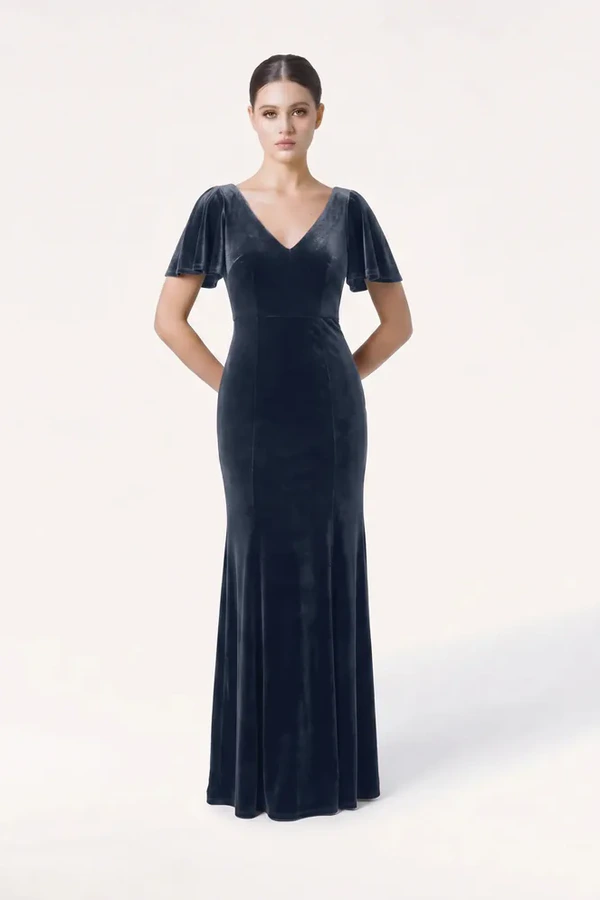 Celeste Velvet Blue Bridesmaid Dress by TH&TH – Front Celeste Velvet Blue Bridesmaid Dress by TH&TH – Front