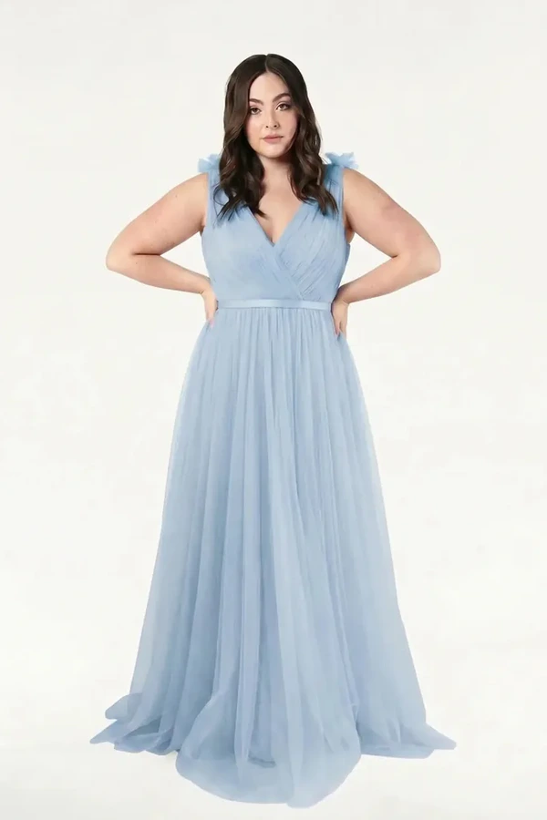 Grace Dusty Blue Blue Bridesmaid Dress TH&TH Curve Front Grace Dusty Blue Blue Bridesmaid Dress TH&TH Curve Front
