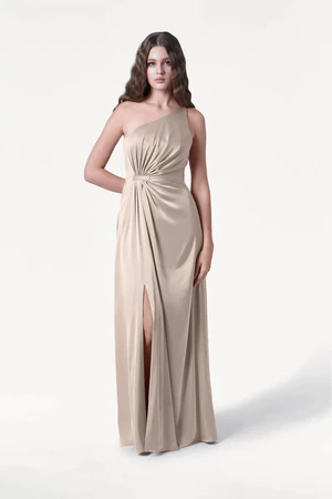 Greta Champagne Sky neutral bridesmaid dress by TH&TH, front view