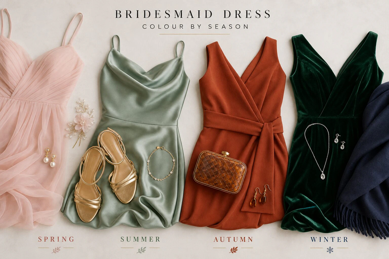 Close-up of bridesmaid dress fabric with matching accessories