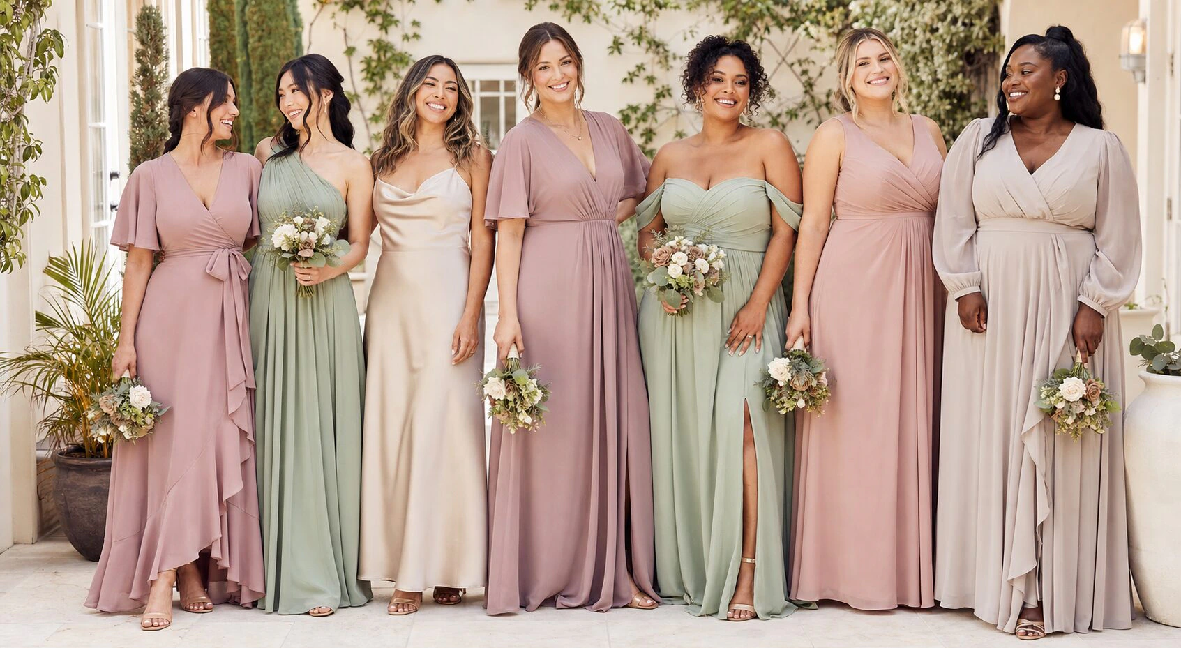 Hero lifestyle shot of a bridesmaid dress or bridesmaid-party outfit on a model, contextually illustrating 'bridesmaid d