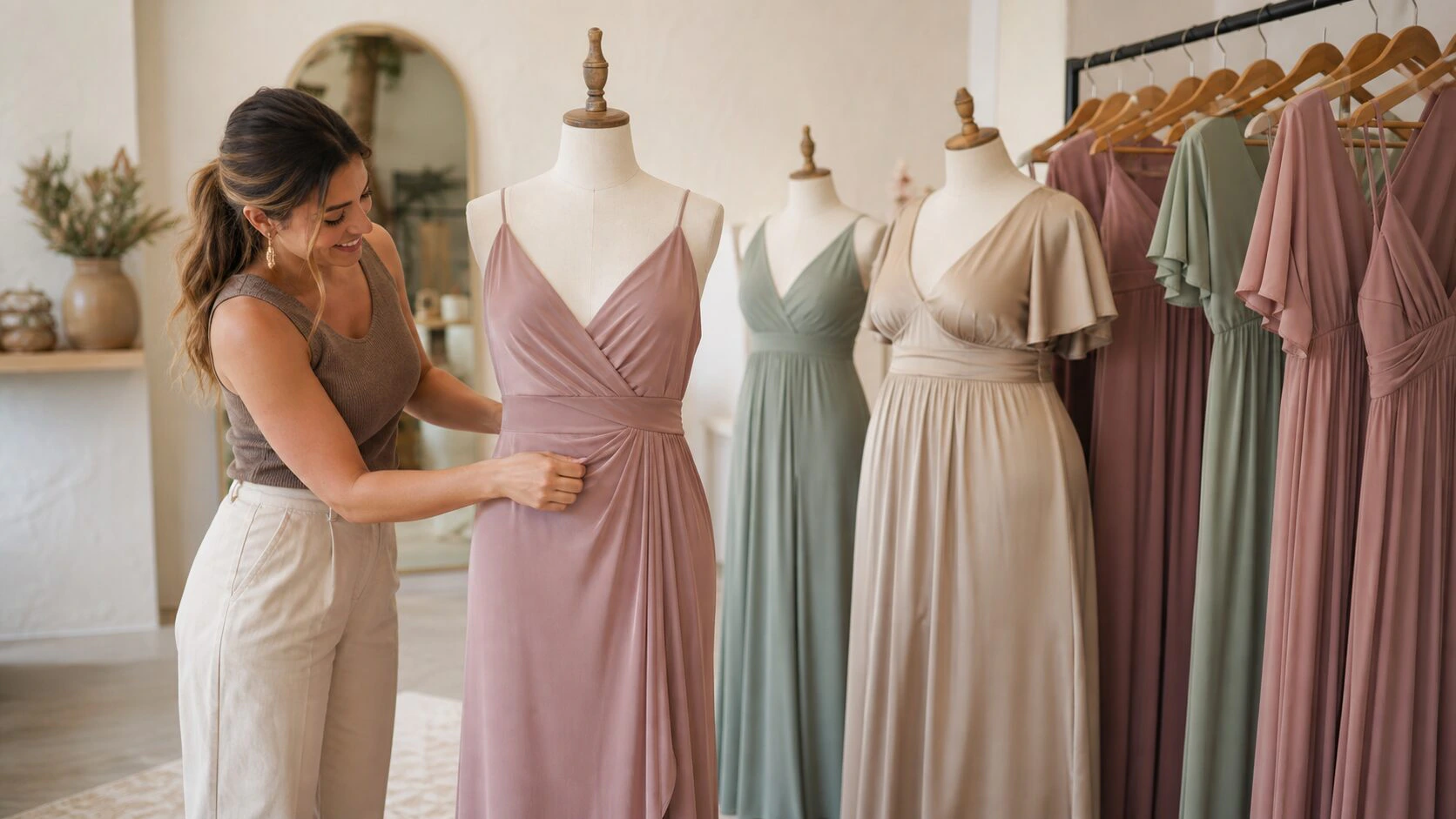 Mid-article supporting image of a person handling or selecting a bridesmaid dress or bridesmaid-party outfit on a model,