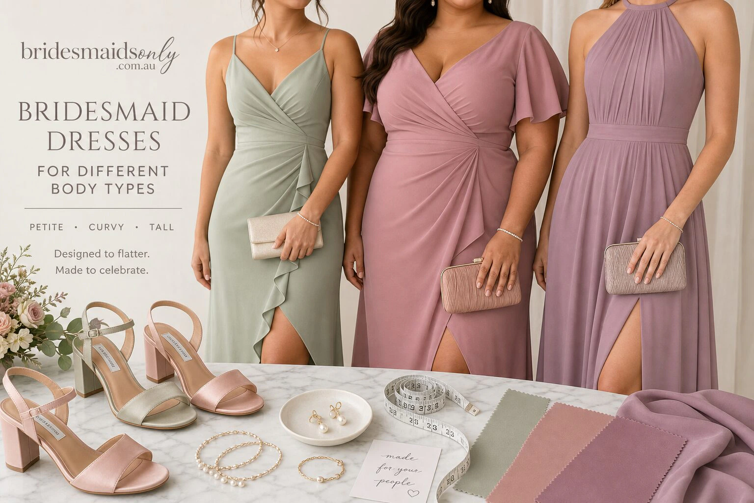 Detail close-up or styled flat-lay of a bridesmaid dress or bridesmaid-party outfit on a model with complementary access